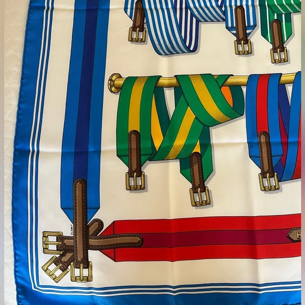 HERMES Silk Scarf Les Sangles 90cm design Jacques Eudel EUC 1980s